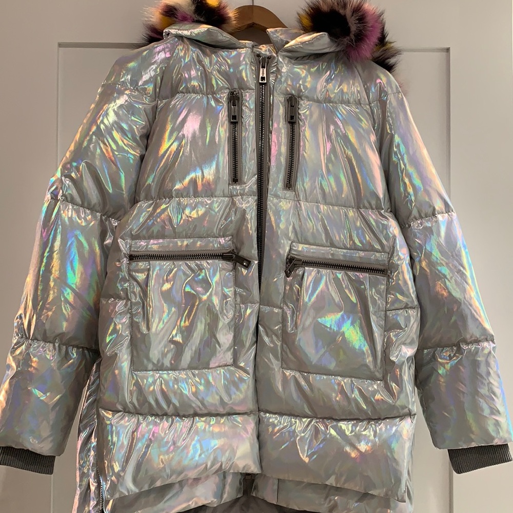 Jocelyn Iridescent Puffer Parka with Multicolored Removable Fur Hood